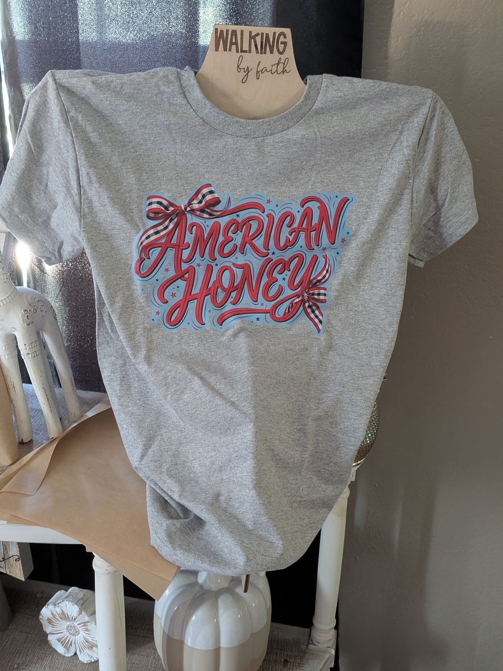 Gildan Grey Short Sleeve Tee with Red & Blue 'American Honey' Graphic